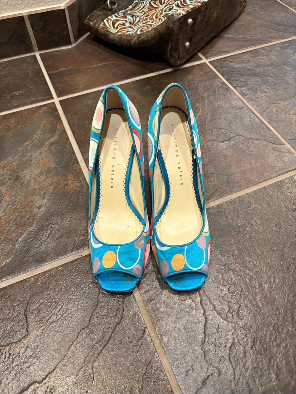 Martinez Valero Teal Peep-Toe Pumps with Multicolor Polka Dots